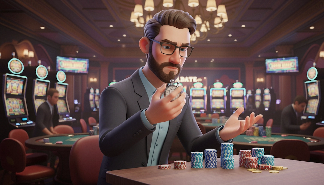 Analyst measuring PayID casino deposit speed with stopwatch and casino chips